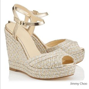 Jimmy Choo Mirror Leather Metallic Raffia Wedge
